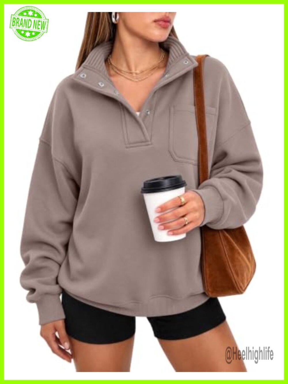 Oversized Henley Neck Sweatshirt Button Pullover Women Fall